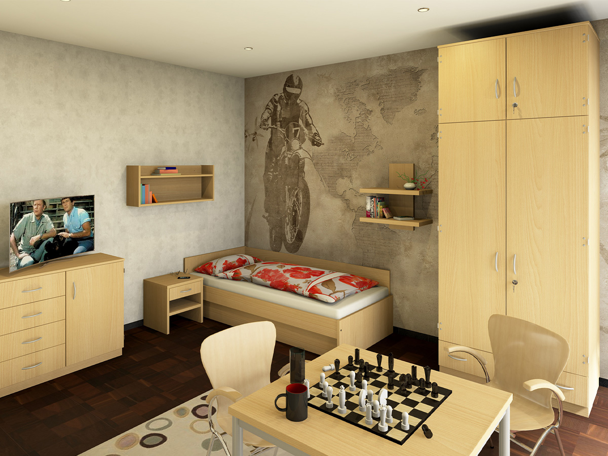 Kastenmöbel im Bewohnerzimmer mit Schrankanlage und integrierter Bettlösung für Wohnheime