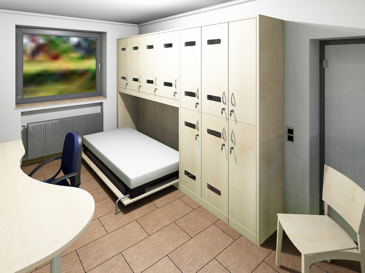 Kastenmöbel mit Schrank-, Regal- und Arbeitsplatzlösung für Büro und Verwaltung