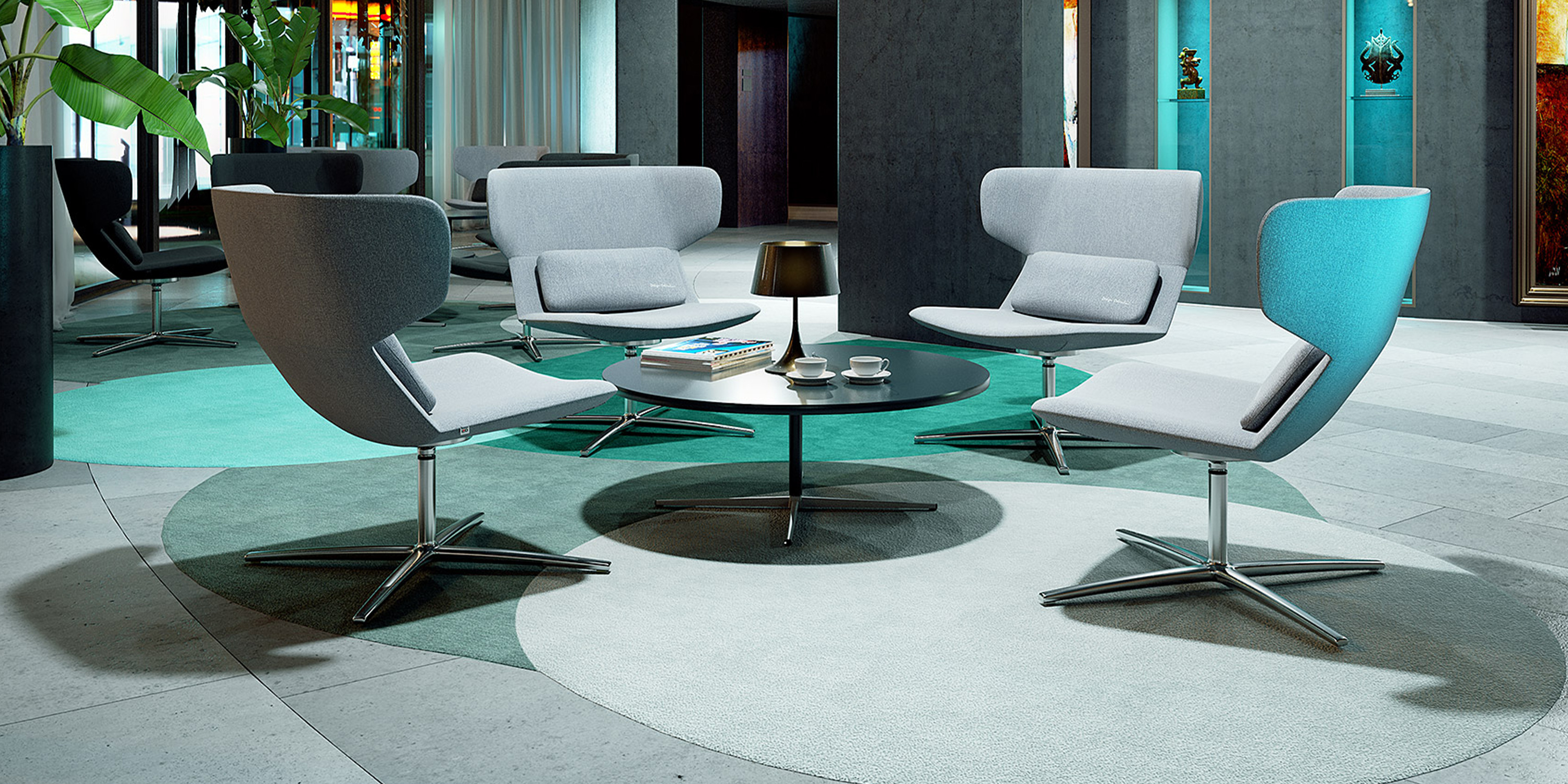 Loungemöbel Flexi Sitzgruppe mit drei Sesseln im modernen Empfangsbereich