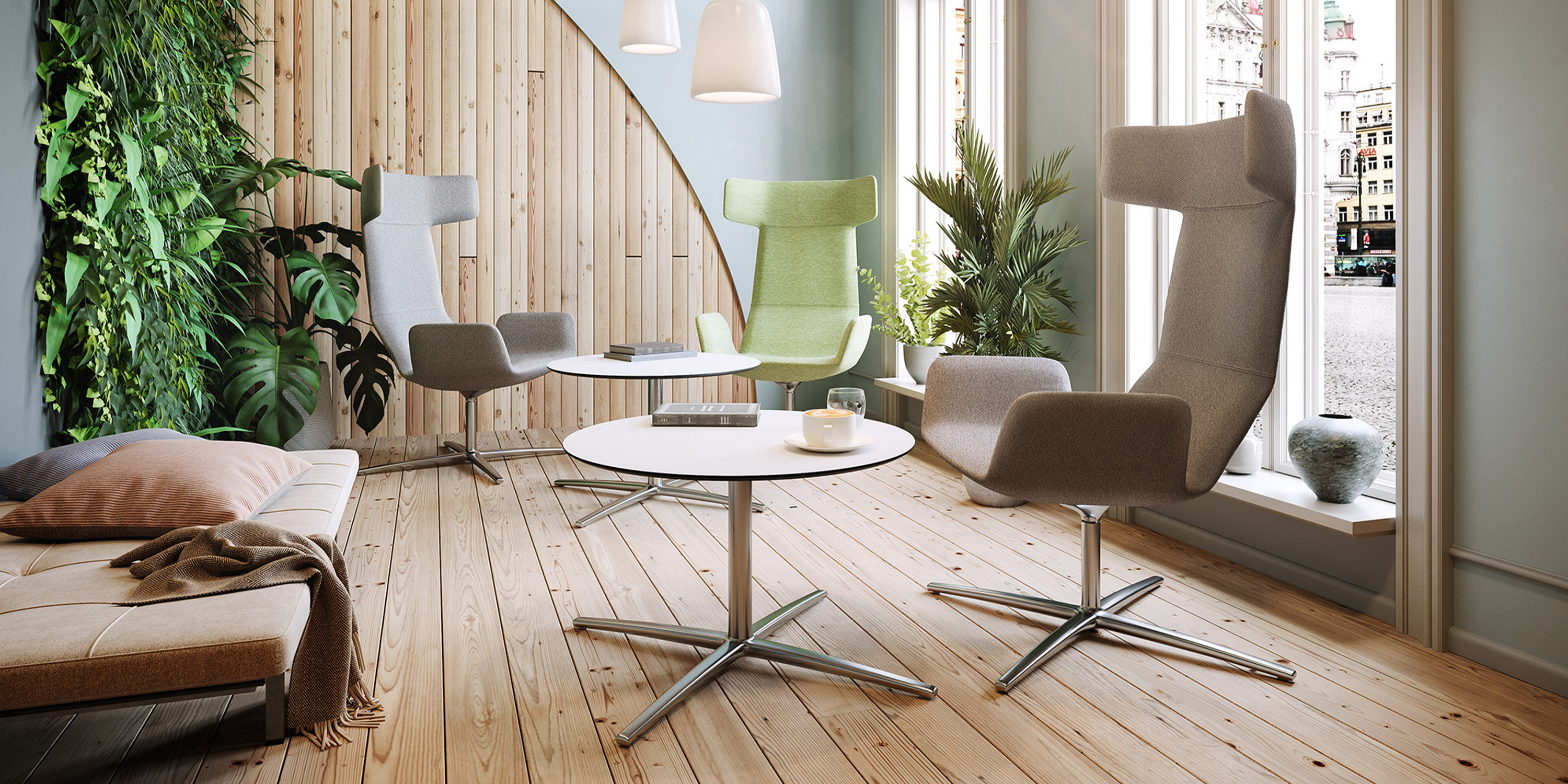 Loungemöbel Flexi Sessel mit hoher Rückenlehne in moderner Lounge mit Teppich und Tisch