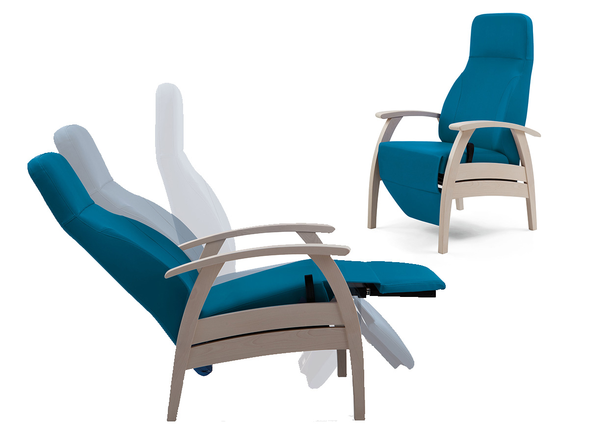 Violetter Relaxsessel mit Holzarmlehnen in Front-, Seiten- und Schrägansicht