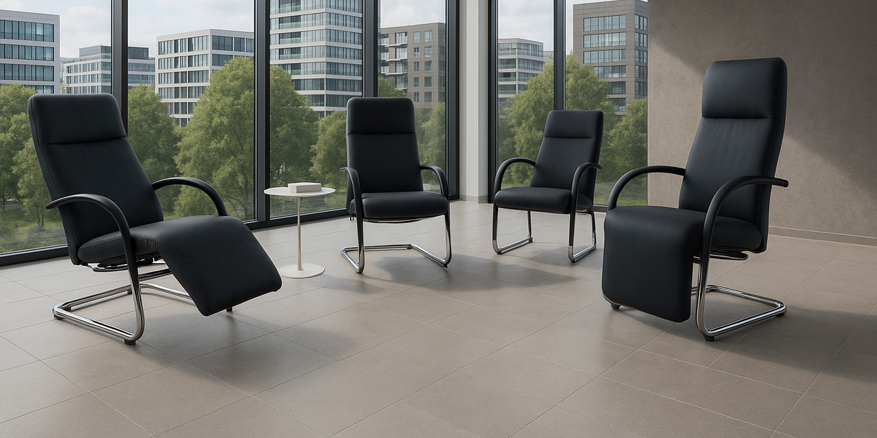 Schwarze Relaxsessel der Serie Frisco mit hoher Rückenlehne und teilweise ausgeklappter Beinauflage in einem modernen Raum mit großer Fensterfront