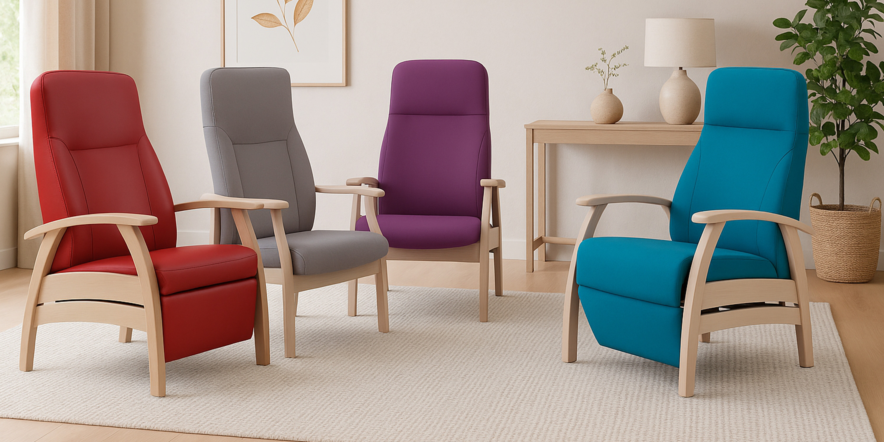 Moderne Relaxsessel in verschiedenen Farben in wohnlichem Raum