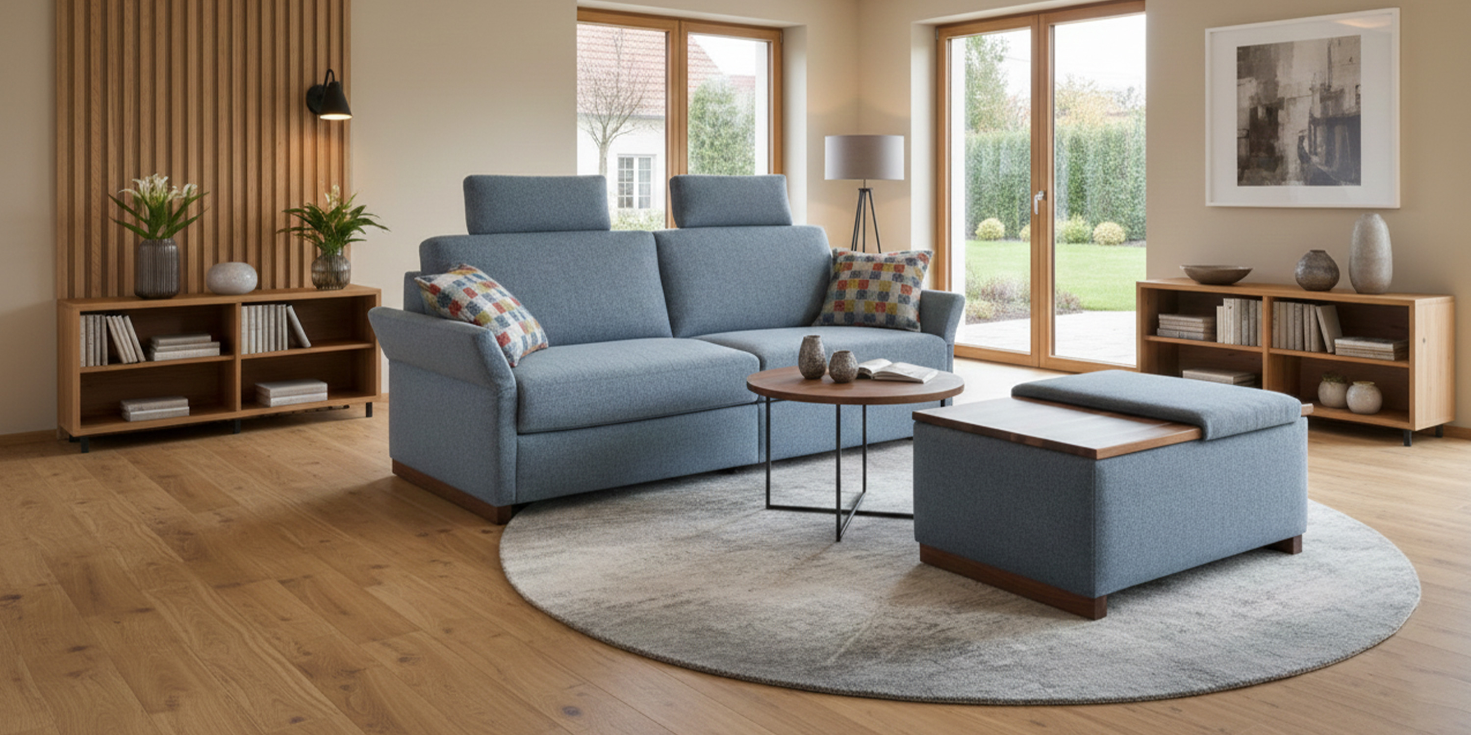 Schlafsofa Cube in blauem Bezug mit zwei Kopfstützen und passendem Hocker in hellem Wohnraum mit großen Fenstern und Holzmöbeln