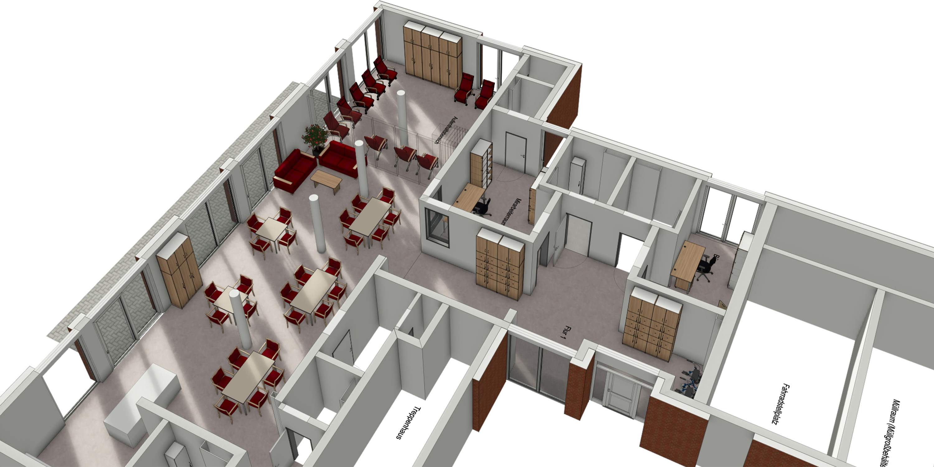 Fotorealistische 3-D-Raumplanung einer Objekteinrichtung mit Tischen, Stühlen und Schränken in der Draufsicht