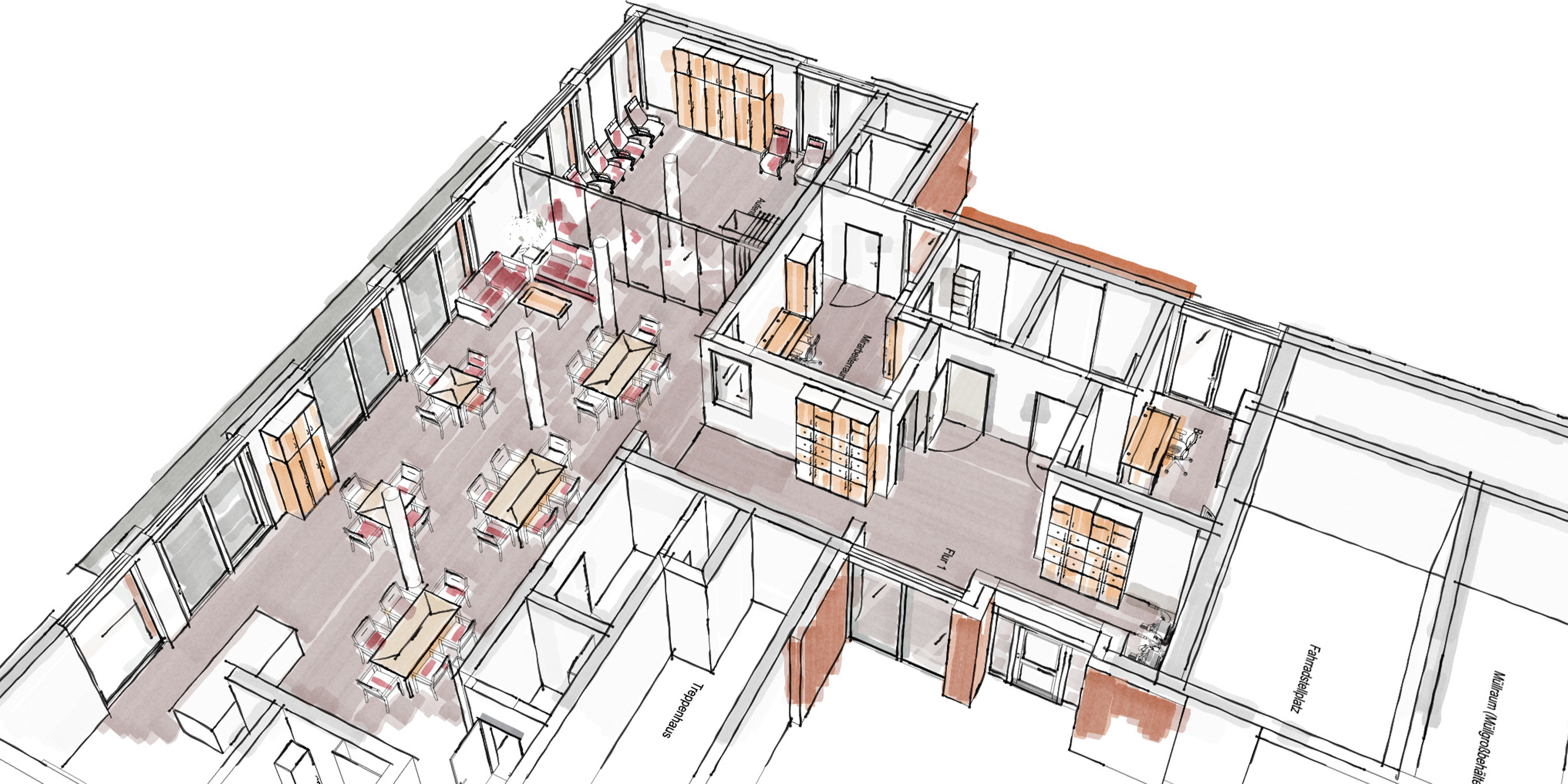 Farbige Skizze einer Raumplanung zur Visualisierung von Einrichtungskonzepten für soziale Einrichtungen