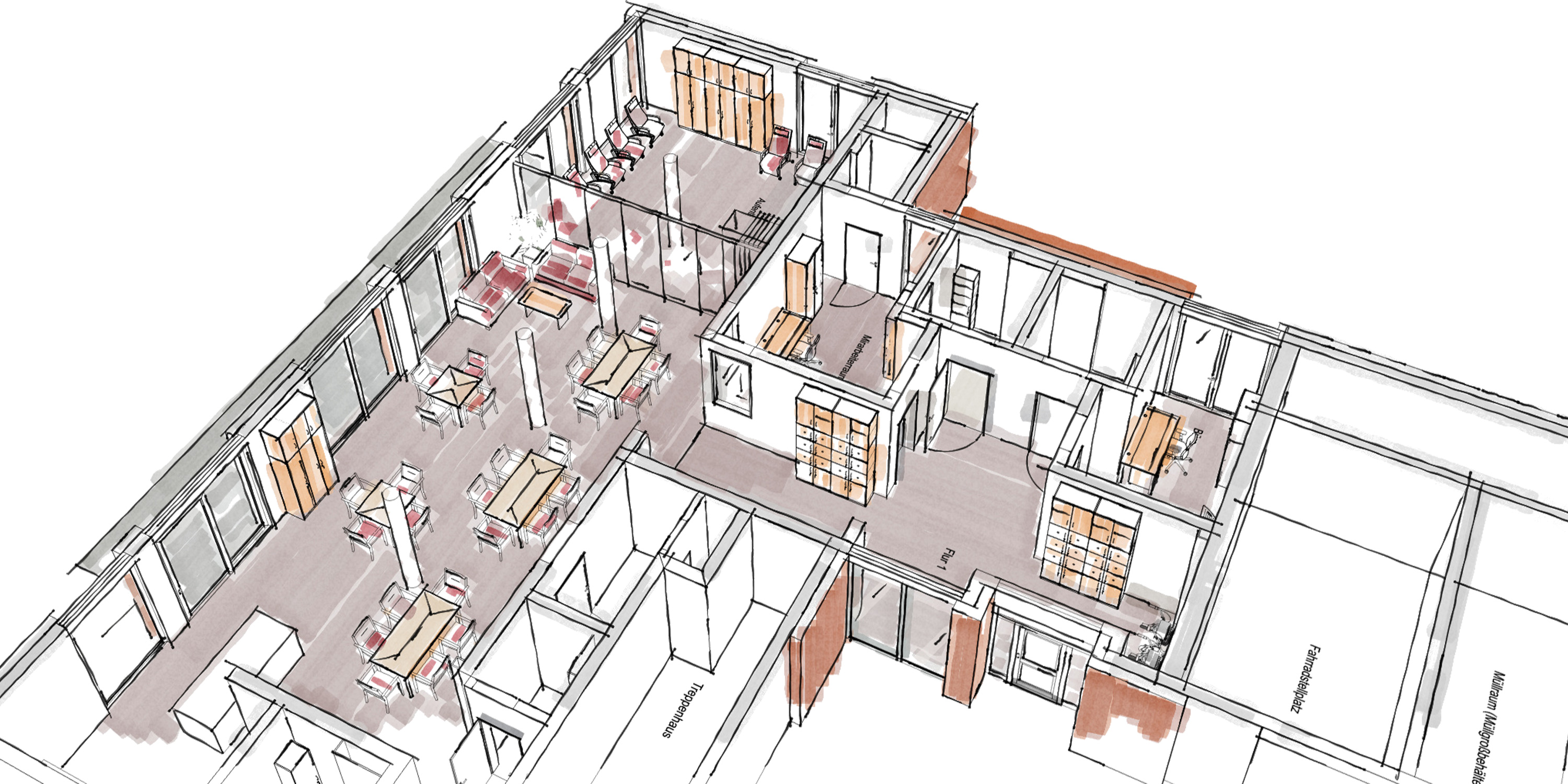 Planungsskizze einer Zimmereinrichtung mit Fokus auf die Anordnung von Tischen und Schranklösungen