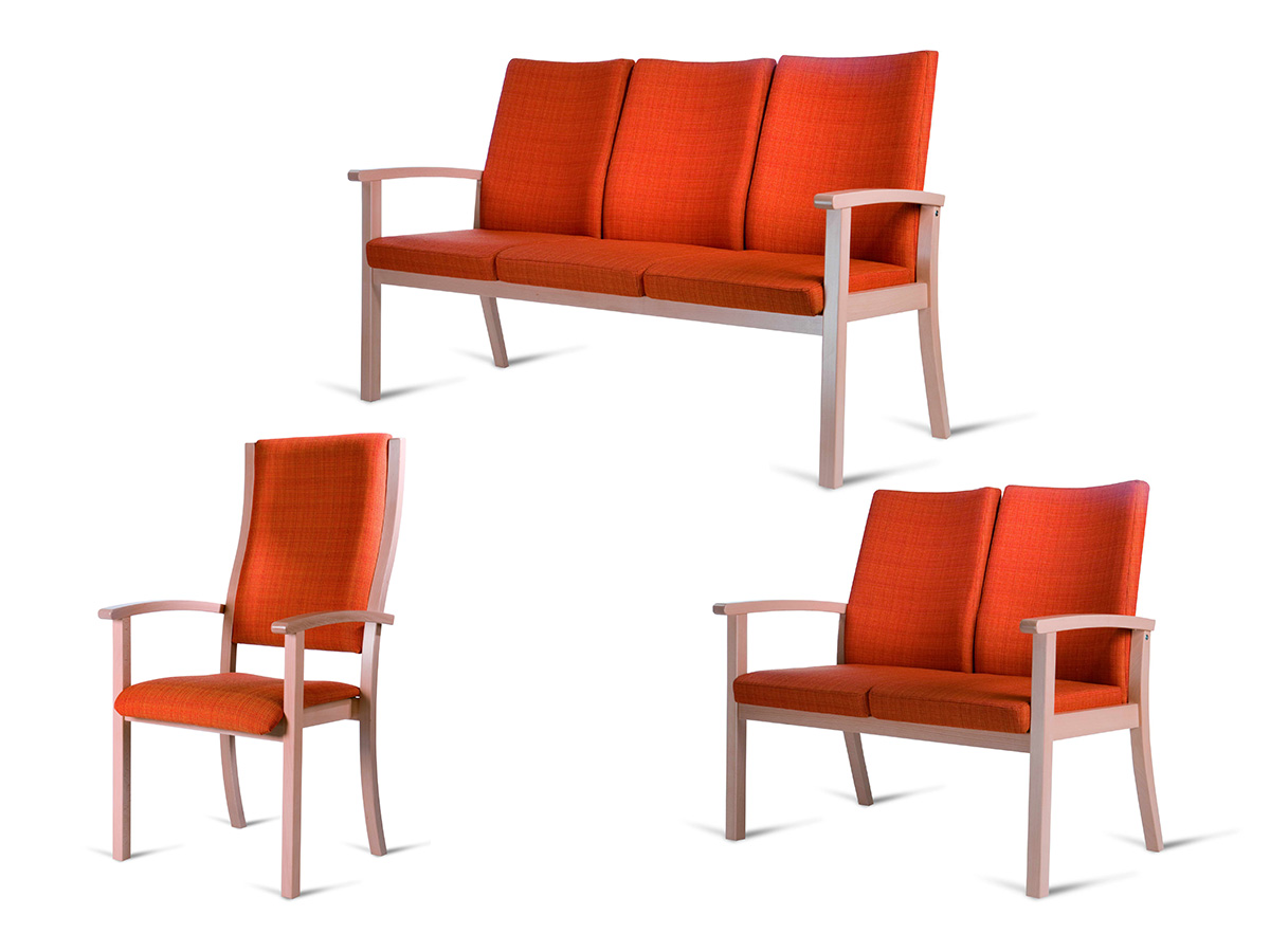 Mona XP Sitzmöbel als Dreisitzer Zweisitzer und Hochlehnsessel mit orangefarbener Polsterung