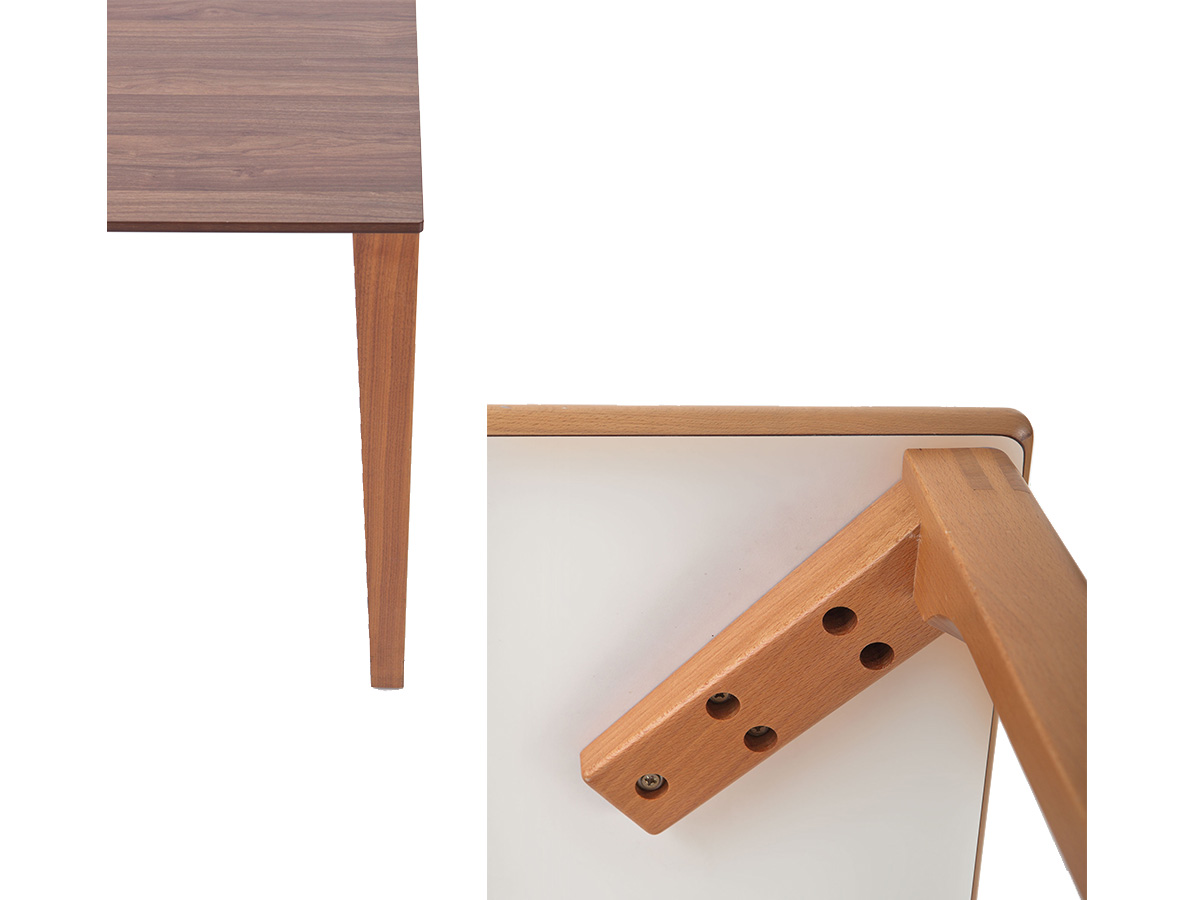 Unterseitiges Detail des Vier Füße Objekttisches mit Metallplatte und Buchenholzbein